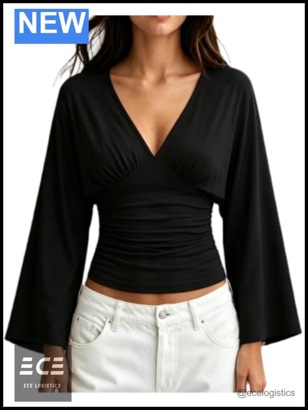 Women's Plunge V Neck Bell Sleeve Wrap Top Long Sleeve Ruched Waist Going Out